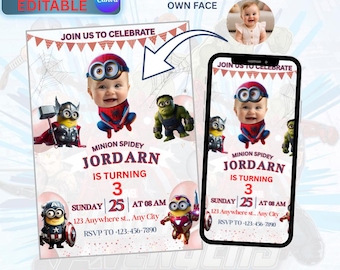 Invitación de cumpleaños personalizada con la cara de un Minion Spidey / Miles Morales / Amazing Friends / Invitación digital (Descarga instantánea)