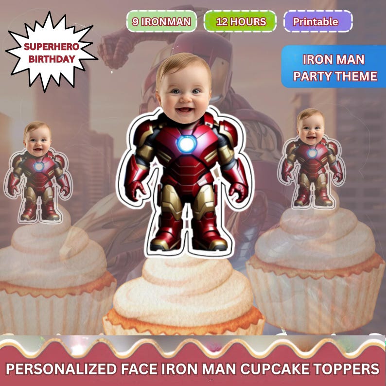 Puede incluir: Adornos para cupcakes con tem&aacute;tica de Iron Man. Los adornos tienen la cara de un beb&eacute; superpuesta en un traje de Iron Man. La imagen incluye texto que dice "Superhero Birthday", "Iron Man Party Theme" y "Personalized Face Iron Man Cupcake Toppers".