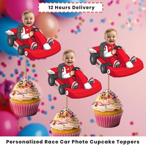 Personalized Racing Car Cupcake Toppers: Child&#39;s Face, Birthday Year (Digital Download)