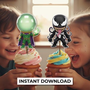 May include: Two cupcakes with superhero-themed toppers. One cupcake has a Mysterio topper, and the other has a Venom topper. The cupcakes have colorful frosting and are held by children. The text "INSTANT DOWNLOAD" is at the bottom.