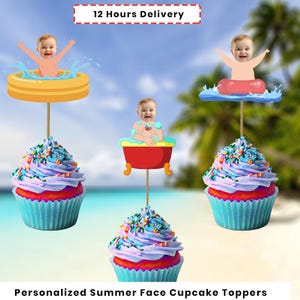 Personalized Face Cupcake Toppers: Summer Pool Party Decorations (Digital Download)