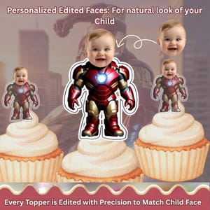 Puede incluir: Cupcakes con adornos personalizados con el tema de Iron Man, con la cara de un beb&eacute;. Los adornos son rojos, dorados y blancos, con el texto "Personalized Edited Faces: For natural look of your Child" y "Every Topper is Edited with Precision to Match Child Face".
