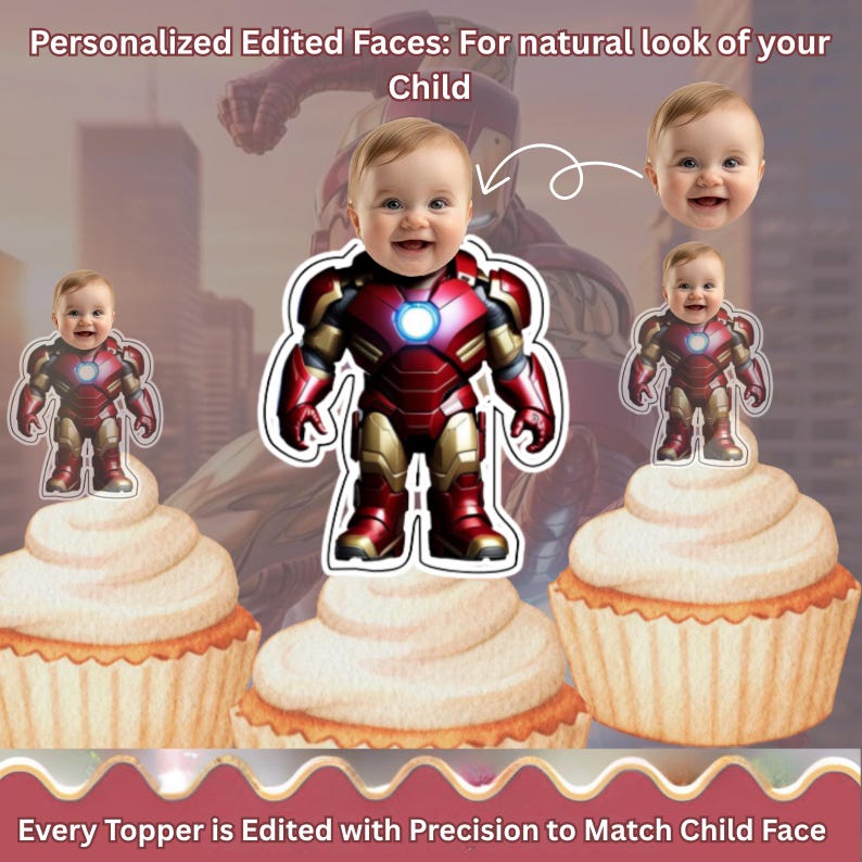 Puede incluir: Cupcakes con adornos personalizados con el tema de Iron Man, con la cara de un beb&eacute;. Los adornos son rojos, dorados y blancos, con el texto "Personalized Edited Faces: For natural look of your Child" y "Every Topper is Edited with Precision to Match Child Face".