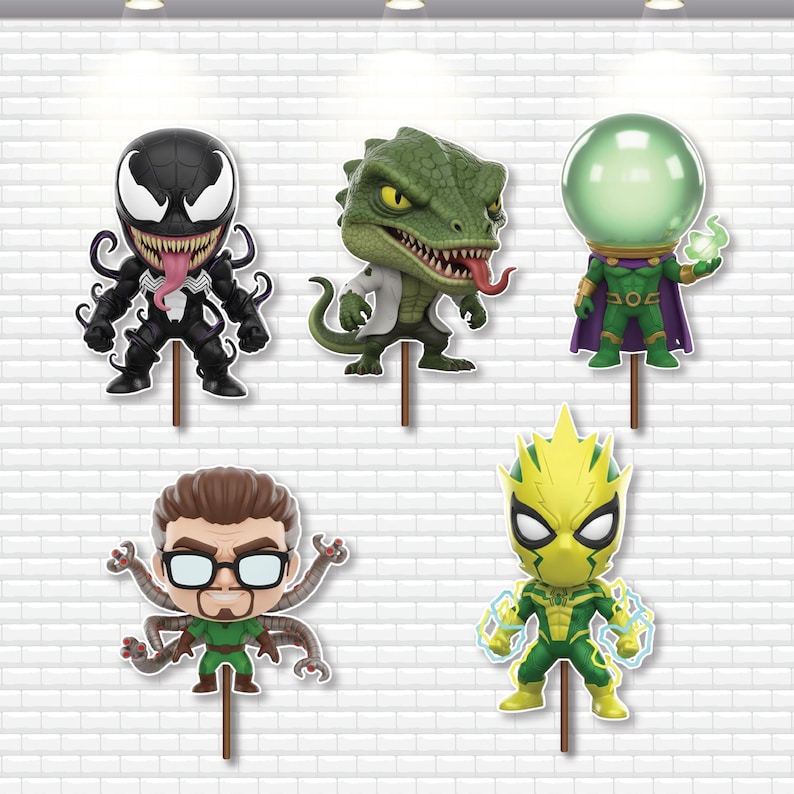May include: A collection of five superhero character cutouts on wooden sticks. The characters include Venom, Lizard, Mysterio, Doctor Octopus, and Electro. Each figure is brightly colored and designed in a cartoon style, with a white brick background.