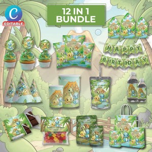 Op de afbeelding: Een verzameling feestartikelen met een dinosaurus thema, waaronder cupcakes, feesthoeden, banners, sapzakjes en cadeauzakjes. De tekst "12 in 1 Bundle" en "Happy 7th Birthday Lizzo" zijn zichtbaar.