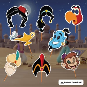 May include: A collection of Aladdin-themed photo booth props on sticks. Includes character masks of Aladdin, Jasmine, Genie, Abu, Iago, and Jafar, along with a magic lamp and a fez. The background features a desert scene with a palace and a full moon.