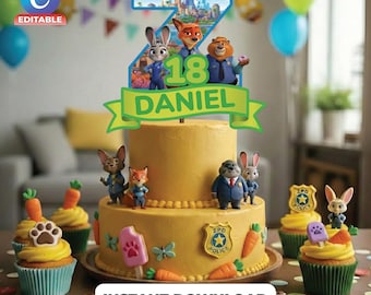 Adorno para tarta de Zootopia / Fiesta temática de animales / Imprimible de Judy y Nick / Editable en Canva