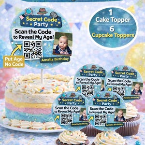 Décorations de fête personnalisées avec code QR secret | Décoration de gâteau d'anniversaire | Décoration pour cupcakes Jeu de détective | Instantané
