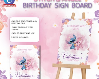 Stitch and Angel Birthday Welcome Sign Board |  Birthday Party Decorations | Canva Editable