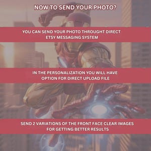 Puede incluir: Imagen de Iron Man con instrucciones de texto en bloques rojos. El texto explica c&oacute;mo enviar fotos a trav&eacute;s del sistema de mensajer&iacute;a de Etsy, cargar archivos para la personalizaci&oacute;n y proporcionar dos variaciones claras de la imagen frontal.