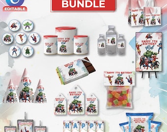 Marvel Birthday Bundle | Party Hat | Juice Label | Gift Bag | Choco Bar |12 Canva Templates