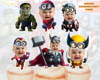 Adornos personalizados para cupcakes con la cara de un Minion superhéroe / Cumpleaños de Marvel / Decoración para fiestas infantiles / Archivo digital