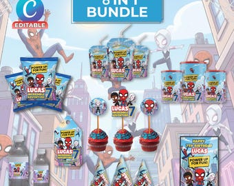 Paquete de cumpleaños de Spiderman / Decoración para fiestas infantiles / Spidey y sus amigos 8 etiquetas de recuerdo de fiesta / Canva