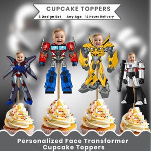 Peut inclure: Des pics à cupcakes avec des visages de bébés dans des designs Transformers. Les décorations sont sur des cupcakes avec un glaçage blanc et des vermicelles colorés. Le texte de l'image indique "CUPCAKE TOPPERS, 8 Design Set, Any Age, 12 Hours Delivery, Personalized Face Transformer Cupcake Toppers."