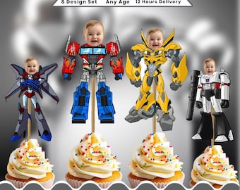 Adornos para cupcakes con caras personalizadas de Transformers / Optimus Prime Rescue Bots / Fiesta de cumpleaños de Robots Rojos y Azules