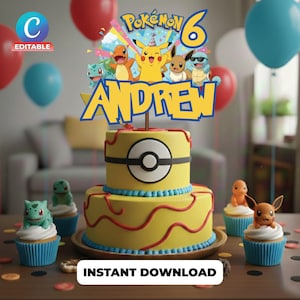 May include: A yellow two-tiered birthday cake with red squiggly lines and a large black and white circle. A cake topper features the text "Pokemon 6" and the name "Andrew". Cupcakes with Pokemon characters are also present.