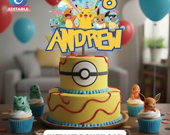 Adorno para tarta de Pokémon / Decoración de cumpleaños de Pikachu / Fiesta infantil / Imprimible / Plantilla editable en Canva