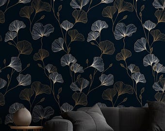 Dark Blue Wallpaper Peel and Stick Gold Botanical Wall Mural Modern Luxury Removable Wall Decor Bedroom Living Room Accent Wall