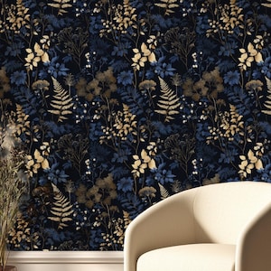 Dark Blue Wallpaper Peel and Stick or Traditional Botanical Wallpaper Floral Removable Wallpaper Luxury Wall Vintage Nature Wall Mural