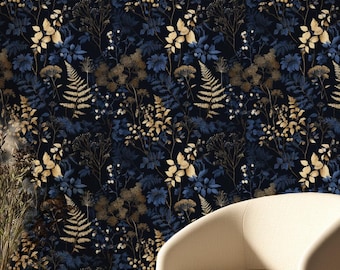 Dark Blue Wallpaper Peel and Stick or Traditional Botanical Wallpaper Floral Removable Wallpaper Luxury Wall Vintage Nature Wall Mural