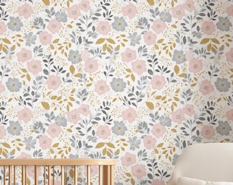 Pastel Floral Nursery Wallpaper Peel and Stick or Prepasted Baby Girl Room Wall Mural Soft Pink Flower Wallpaper Removable or Traditional