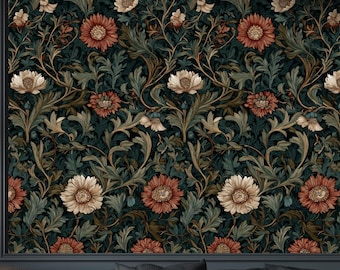 Papel tapiz vintage floral oscuro, despegable y pegable o prepegado, mural botánico para pared, estilo gótico William Morris, extraíble, decoración de sala de estar con un toque melancólico.
