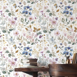 Floral Wallpaper Peel and Stick Botanical Wall Mural, Soft Pastel Flower Wallpaper Cottagecore Wallpaper Watercolor Removable Wallpaper
