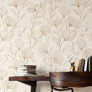Minimalist Floral Line Art Wallpaper Beige Peel and Stick Botanical Wall Mural Modern Neutral Removable Wall Decor for Office Bedroom Bath