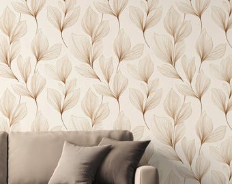 Bloemen Peel-and-Stick of vliesbehang Minimalistisch behang Verwijderbaar zelfklevend boho-behang Beige behang Lijntekeningen