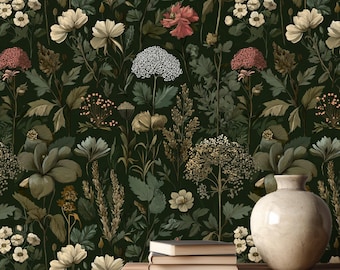 Papel tapiz floral botánico oscuro, autoadhesivo, vintage, con flores silvestres, extraíble, decoración de pared elegante inspirada en la naturaleza, estampado de jardín melancólico