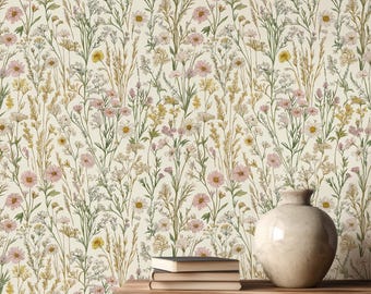 Papel tapiz vintage de flores silvestres, extraíble, despegable y adhesivo, decoración de pared botánica, mural floral cottagecore para dormitorio, cocina, sala de estar