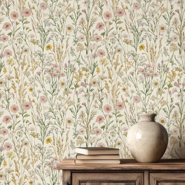 Carta da parati vintage con fiori selvatici, rimovibile, stacca e attacca, decorazione murale botanica, decorazione murale floreale in stile cottagecore per camera da letto, cucina e soggiorno