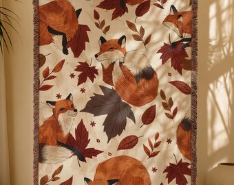 Manta tejida de zorro, acogedora manta de bosque, decoración otoñal, tapiz de animales, colcha estilo cottagecore, manta decorativa rústica bohemia.