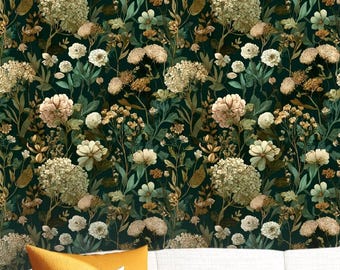 Green Botanical Peel and Stick or Non-Woven Wallpaper Floral Wallpaper Dark Removable Wallpaper Vintage Self-Adhesive Traditional Wallpaper