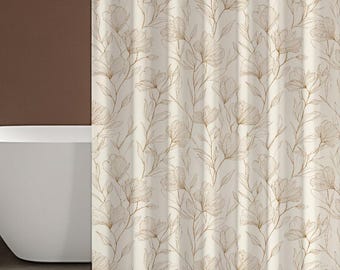 Cortina de ducha bohemia con estampado floral neutro, color beige, decoración botánica para baño, moderna cortina de baño con estampado floral, regalo estético para el hogar