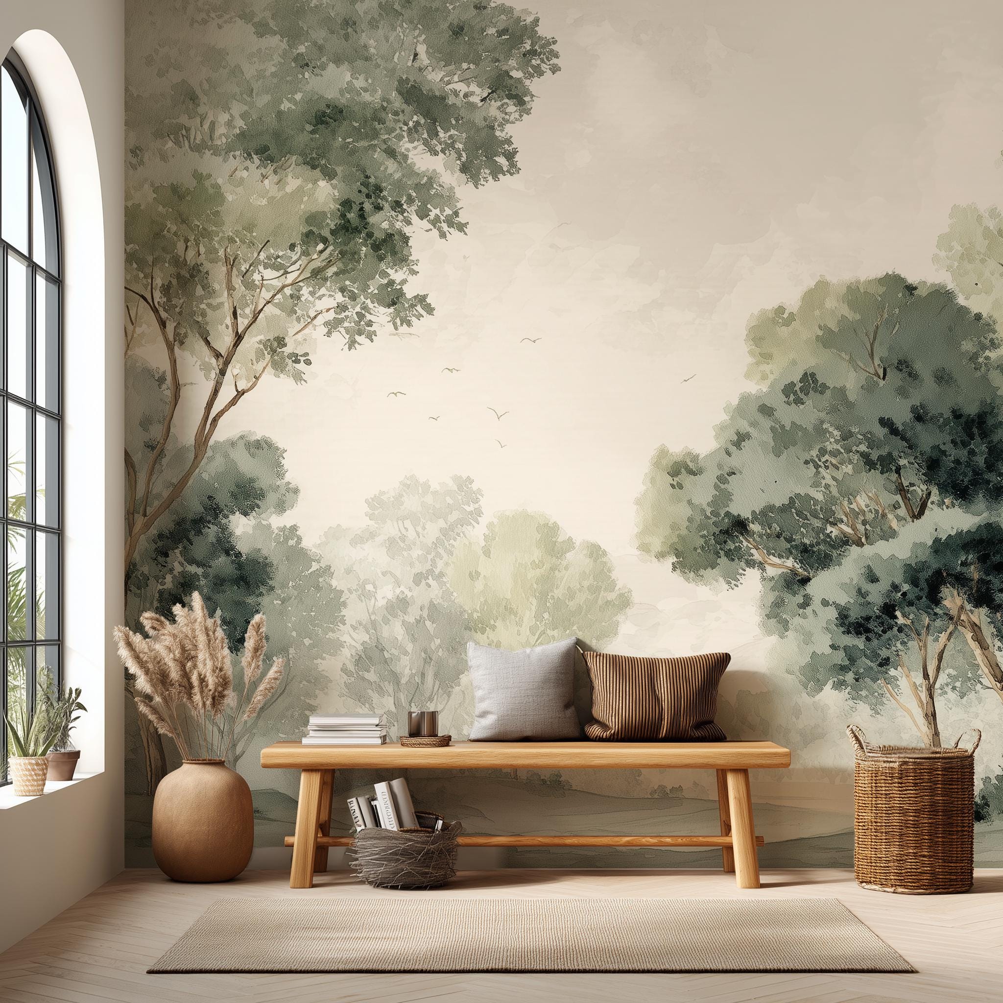 Panoramic Trees Wall Mural Landscape Peel and Stick Wallpaper Rural ...