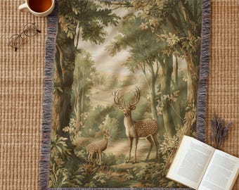 Manta rústica tejida con ciervos, tapiz con escena de bosque, decoración de cabaña inspirada en la naturaleza, manta bohemia acogedora, regalo para él y ella