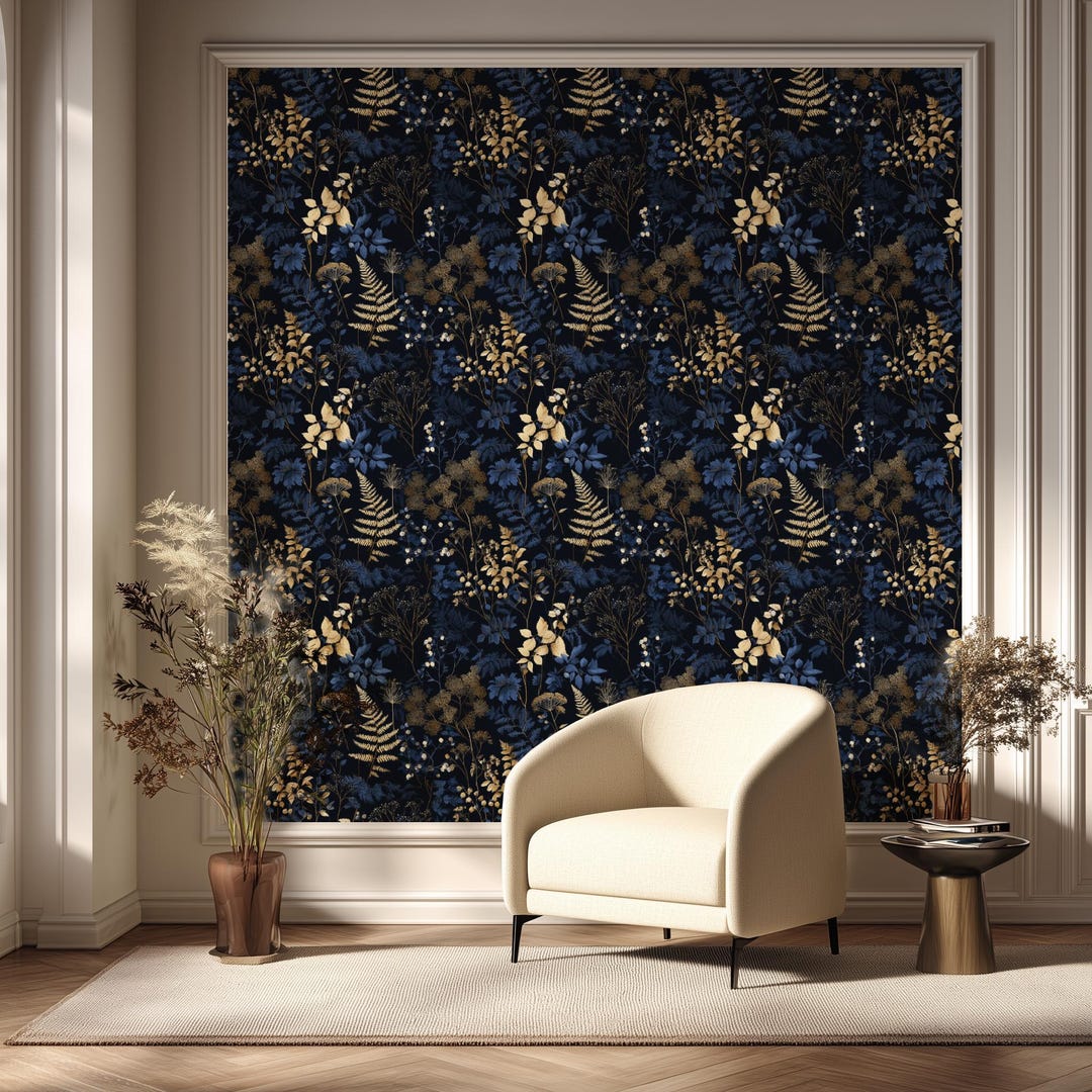 Dark Blue Wallpaper Peel and Stick or Traditional Botanical Wallpaper ...