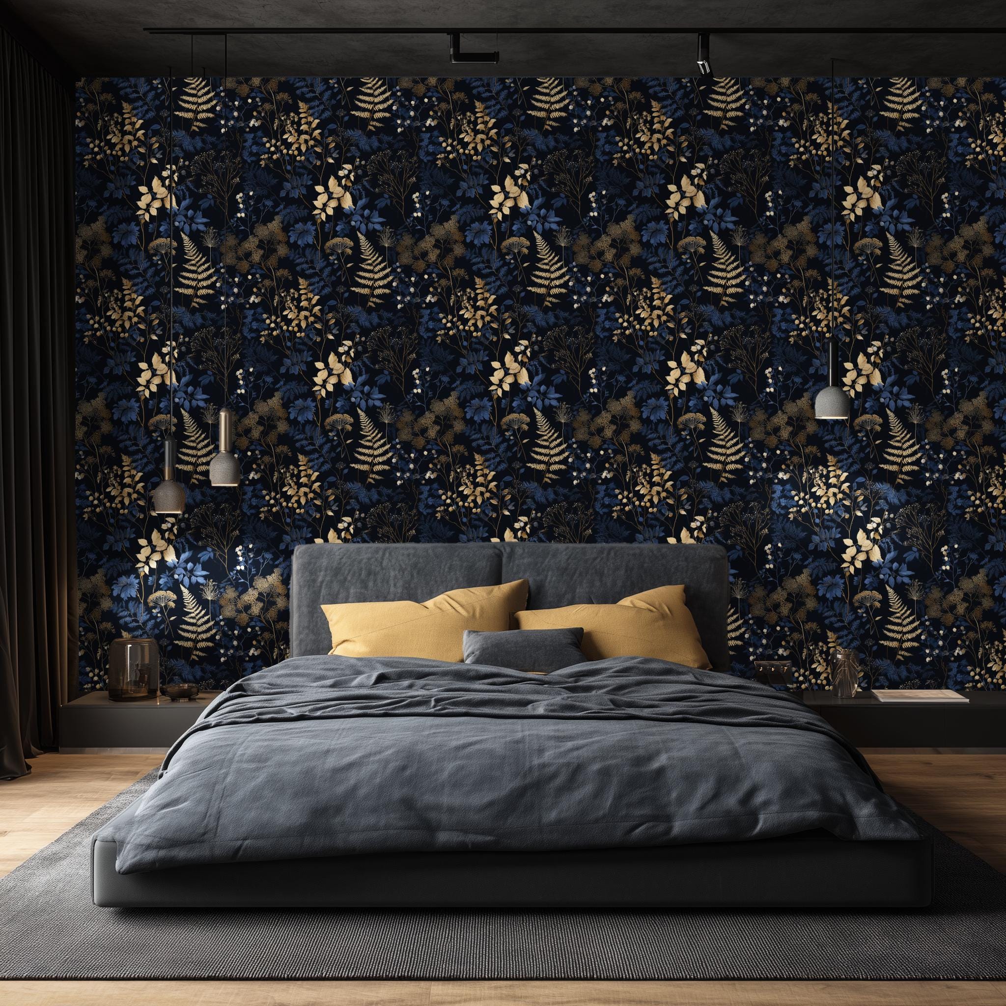 Dark Blue Wallpaper Peel and Stick or Traditional Botanical Wallpaper ...
