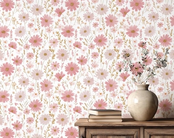 Pink Floral Wallpaper Wildflowers Peel and Stick or Non-Woven Wallpaper Cottagecore Boho Removable Wallpaper for Nursery Girl’s Room,