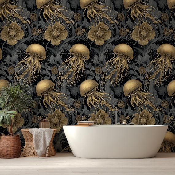 Jellyfish Peel and Stick or Non-Woven Wallpaper Moody Floral Wall Mural Dark Wallpaper Ocean Wall Mural Luxury Elegant Removable Wallpaper