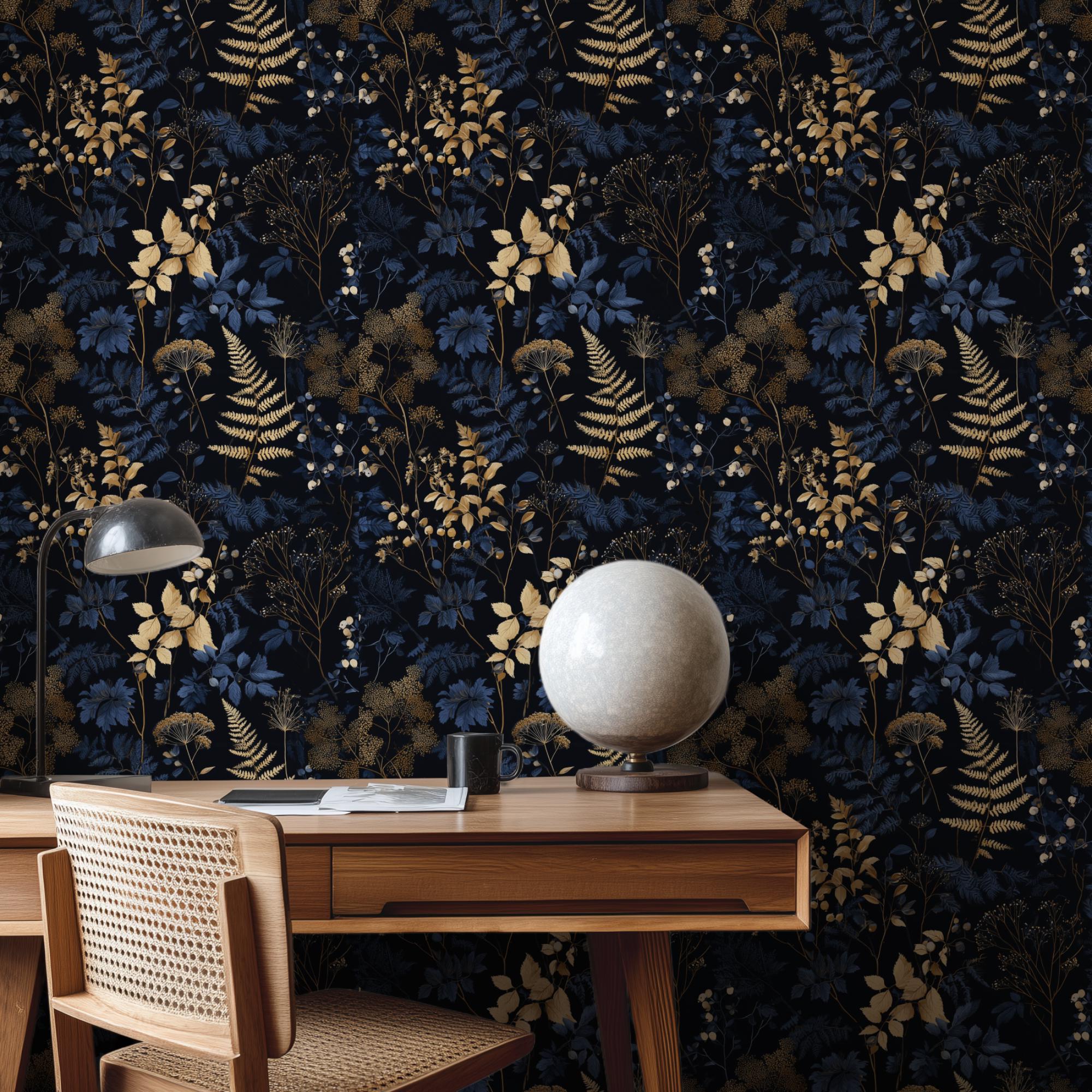 Dark Blue Wallpaper Peel and Stick or Traditional Botanical Wallpaper ...