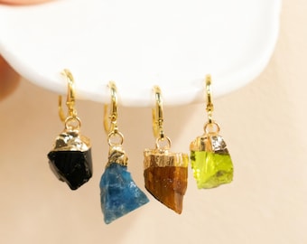 Raw Stone Earrings, Huggie Hoop, Crystal Earrings, Birthday Gift, Gift for Her, Minimalist Earrings, Charm Earrings, Bridesmaid Gift