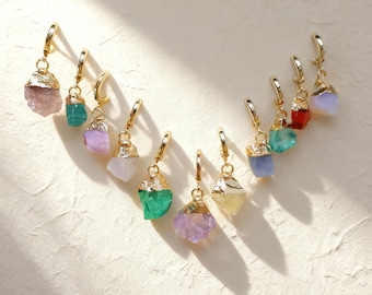 Natural Raw Crystal Stud, Huggie Hoop Earrings, Charm Earrings, Gemstone Earrings, Gifts for Her, Boho Earrings, Crystal Jewelry