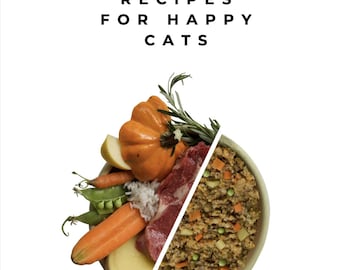 May include: Image features a bowl of cat food with fresh ingredients like carrots, peas, and meat, alongside a display of raw ingredients. Text at the top reads "15 Homemade Human-Grade Recipes For Happy Cats."