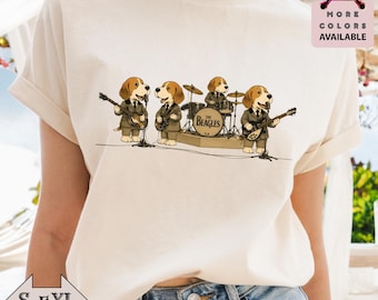Camiseta da banda Beagles, camiseta divertida com estampa de cachorro tocando, camiseta vintage de rock, presente para amantes de Beagles, cachorros fofos tocando instrumentos.