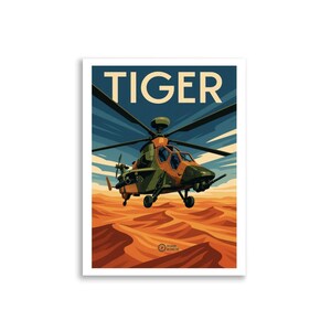 Może przedstawiać: Plakat z wystylizowaną ilustracją wojskowego helikoptera, z napisem "TIGER" u góry. Helikopter leci nad pustynnym krajobrazem, z paletą kolorów pomarańczowego, zielonego i niebieskiego.