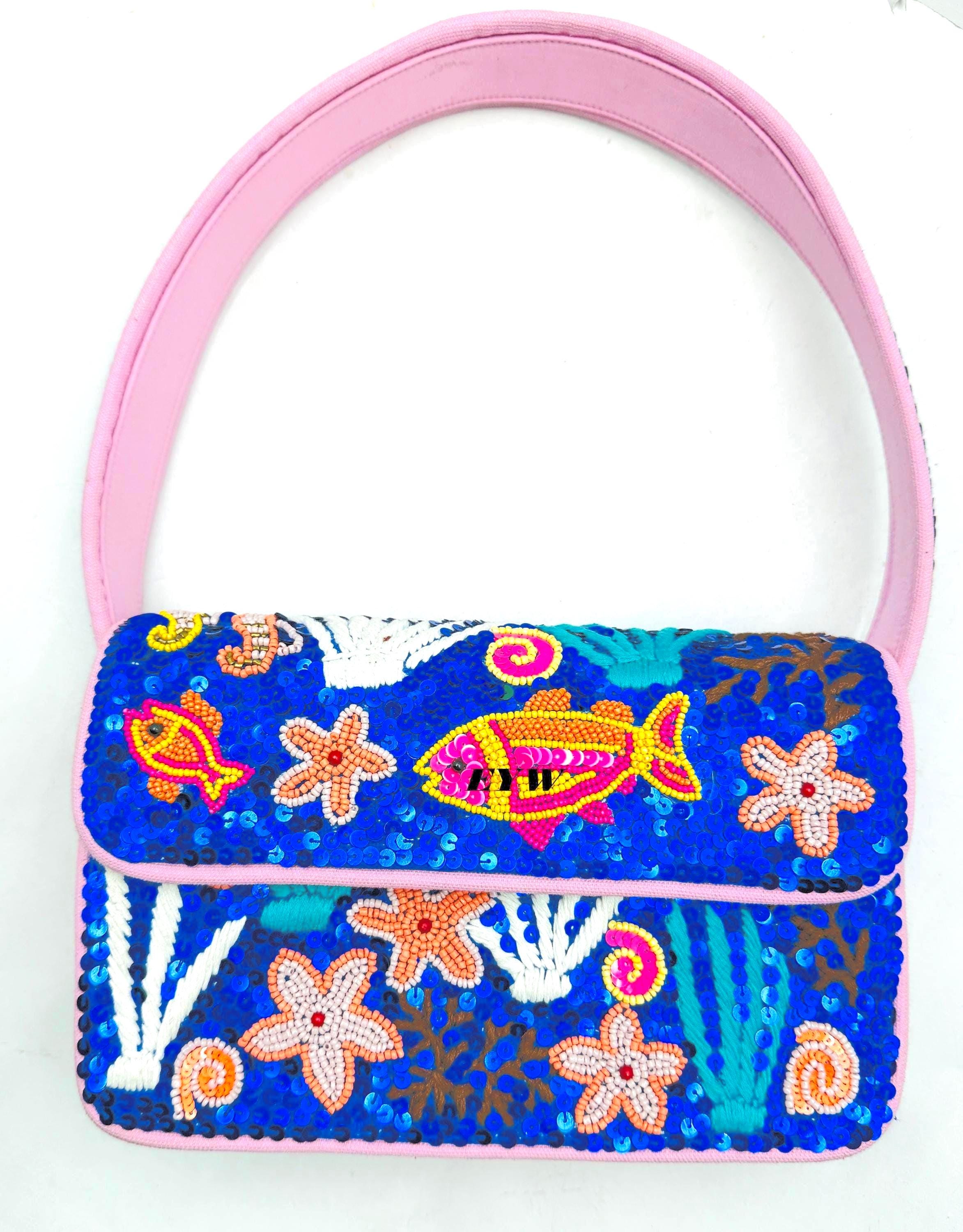 Handmade Beaded Shoulder Bag, Ocean Theme Beaded Mini Handbag, Sea