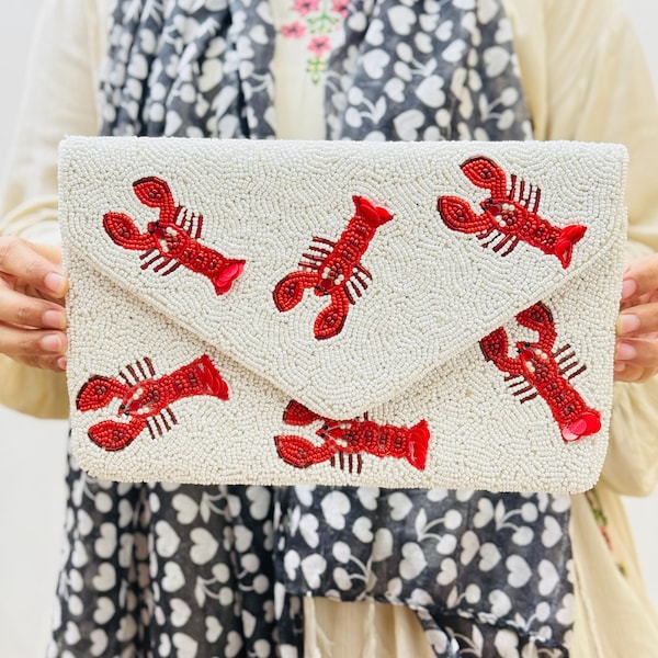 Bolso de mano con diseño de langosta y cuentas, bolso de mano tipo sobre con cuentas hecho a mano, bolso de mano de verano costero, bolso de playa con accesorios llamativos, diseño de langosta, regalo para ella.