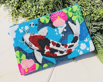 Handmade Beaded Colorful Fish Bag,Sea Pattern Purse,Statement Clutch Artisan Boho Handbag Gift .